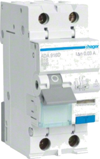 Hager Kombinasjonsbryter Effektbryter/HPFI B 16A 1P+N, 30 mA, ADA916G
