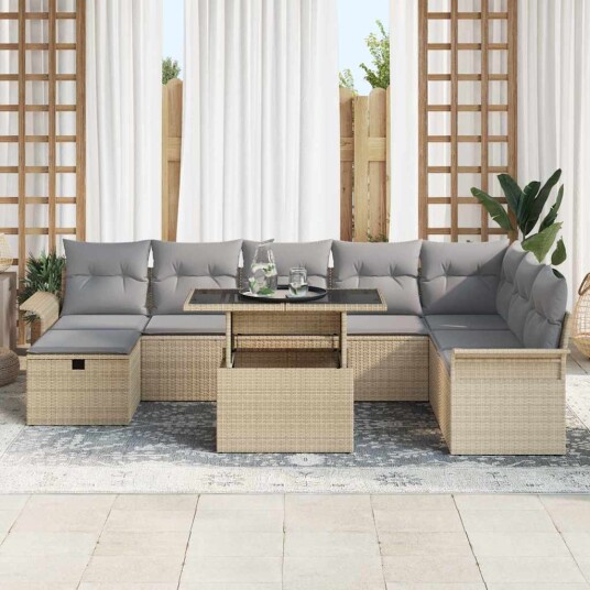 vidaXL Hagesofa Set med pute med lagring 9 pcs Beige Poly rattan