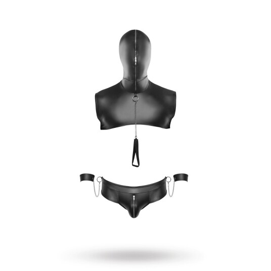 Bondage set with hooded top thong leash and cuffs Bondage set with hooded top thong leash and cuffs
