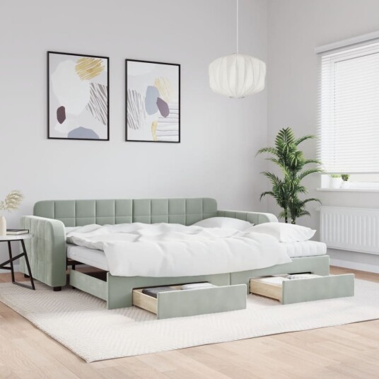  Uttrekkbar dagseng med skuffer lysegrå 90x190 cm fløyel