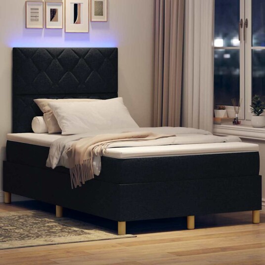 Box Spring seng med madrass og LED svart 120x200 cm stoff