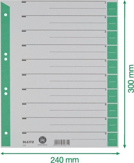 Leitz   Inndeler   10 Deler   Fortrykt: 0 9   For A4 210 X 297 Mm   Med Fliker   Grønn