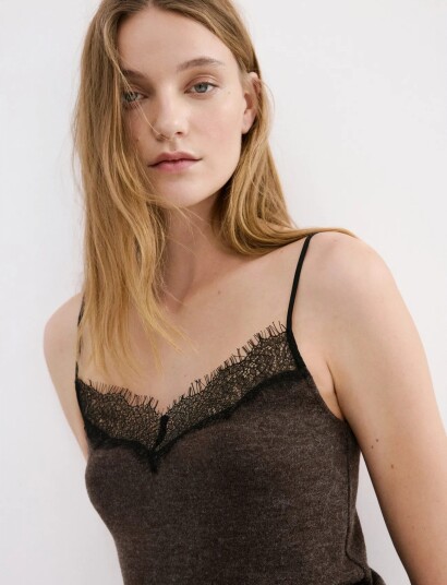 Mango Top With Lace Neck Brown L Mango Top With Lace Neck Brown L