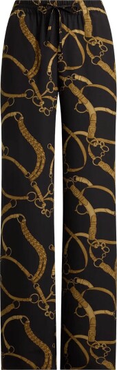 Lauren Ralph Lauren Belting Print Crepe Wide Leg Pant Black XS