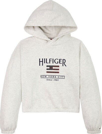 Tommy Hilfiger Hettegenser Beskåret Paljettflagg Snow Whit Tommy Hilfiger 6 år 116 Hettegenser Grå Hvit
