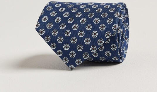 E. Marinella 3 Fold Printed Silk Tie Dark Blue