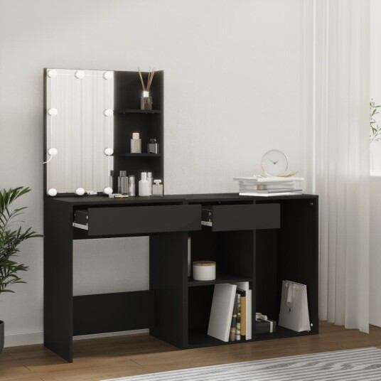 LED-sminkebord med skap svart konstruert tre 8720286660867
