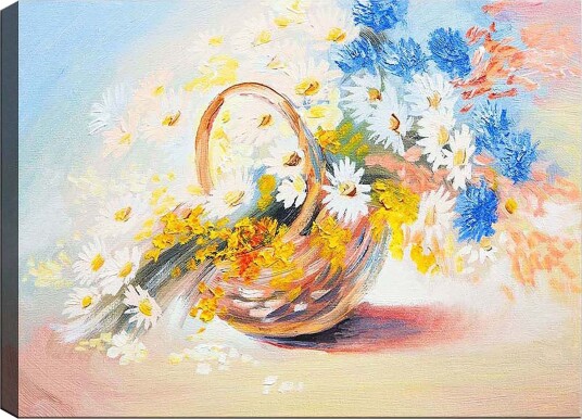 Lerretsbilde 70x100 cm Kurv fylt med fargerike blomster Blå / Hvit / Gul