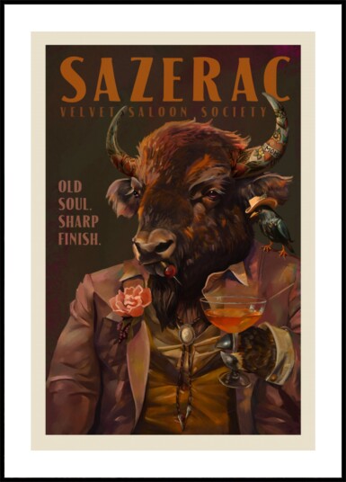 Buffalo Drinking Sazerac Cocktail. Alcohol & Liquor Bar Art Plakat / 21x30