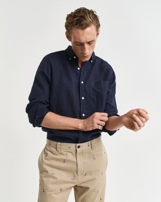 Gant Regular Fit Garment-Dyed Linen Shirt EVENING BLUE XXL