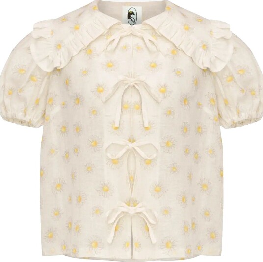 Sleeper Puff Linen Lounge Shirt In Daisies   WHITE&YELLOW   XS