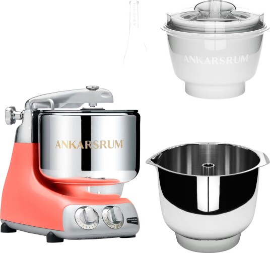 Ankarsrum Assistent Original AKM 6230 kjøkkenmaskin med iskremtilbehør og ekstra vispeskål coral crush