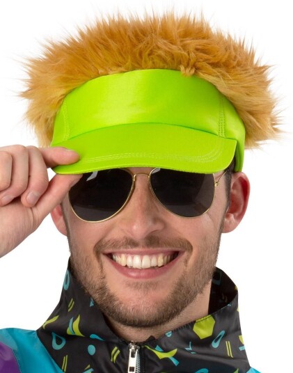 80s Neon Grønn Solskjerm med Hår 80s Neon Grønn Solskjerm med Hår