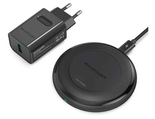 Amber trådløs Qi lader W. 7, 5W rask lading inkl. QC3 USB-lader i svart