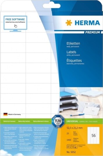 Herma Premium - Papir - Matt - Permanent Selv-Adhesiv - Hvit - 52.5 X 21.2 Mm 1400 Etikett(Er) (25 Ark X 56) Laminerte Etiketter