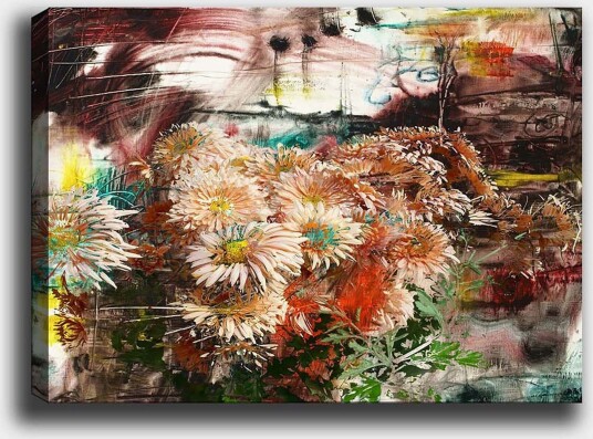 Lerretsbilde 70x100 cm Blomsterbukett i forskjellige nyanser av rosa og oransje Rosa / Oransje / Grønn
