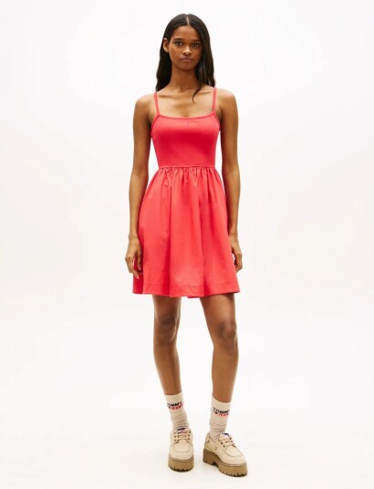 Tommy Jeans Tjw Rib Poplin Mix Strappy Dress   Red   L
