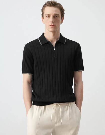 Mango Fine Knit Polo Shirt With Zip   Black   XL