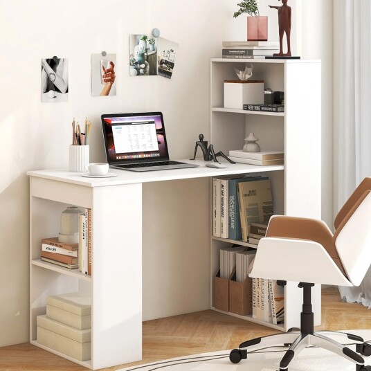 Skrivebord med bokhylle / databord med oppbevaring / arbeidsbord med hyller / hvitt kontorbord 122 cm Skrivebord med bokhylle / databord med oppbevaring / arbeidsbord med hyller / hvitt kontorbord 122 cm