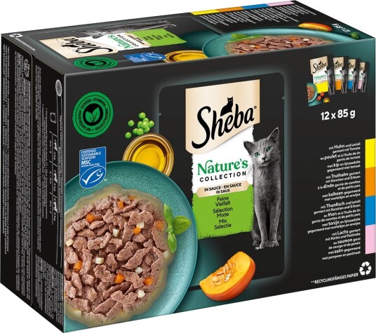 Sheba Våtfôr Nature'S Collection I Saus Fint Mangfold Tunfisk Laks Kylling Kalkun 12 X 85 G