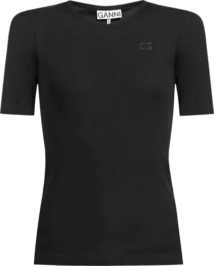 Ganni Soft Cotton Rib Short Sleeve T Shirt Black XL