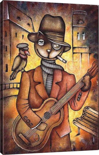 Lerretsbilde 70x100 cm Kattekledd musiker spiller gitar med en fugl på skulderen i et urbant miljø Brun / Oransje / Beige