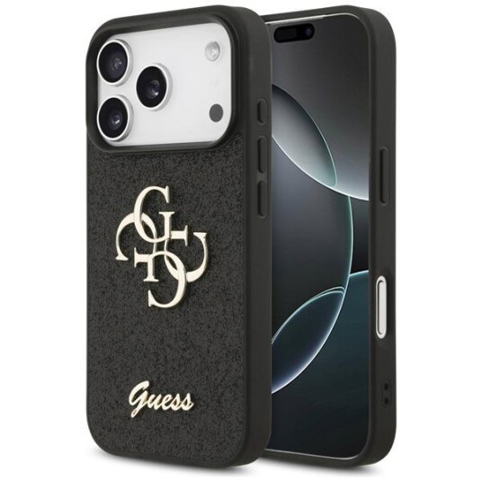 Guess iPhone 17 Pro Metal Logo Deksel med Glitter - Svart Guess iPhone 17 Pro Metal Logo Deksel med Glitter - Svart