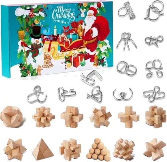 Adventskalender 2025 – Hjernegymnastikk og puslespill julekalender med 3D metall  og trepuslespill for barn tenåringer og voksne