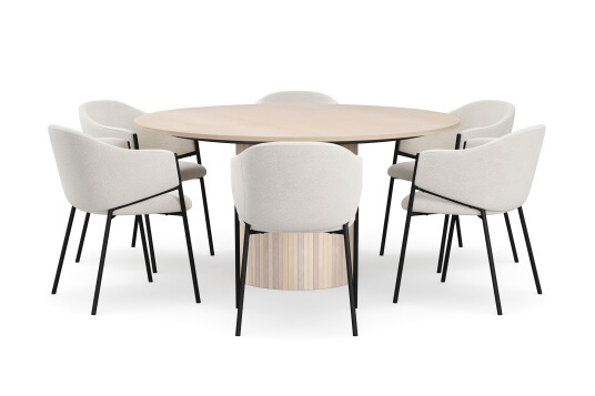Bark Kopparbo Rundt Spisebord 150 cm med 6 Filip Spisestoler Hvit / Hvit Bouclé