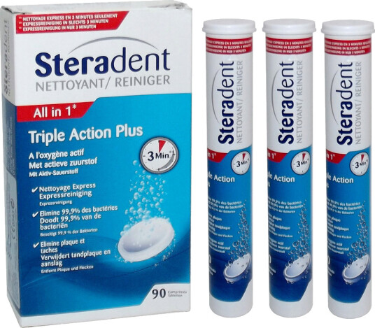 Steradent Triple Action Plus 90 pcs. Rensetabletter for proteser Steradent Triple Action Plus 90 pcs. Rensetabletter for proteser