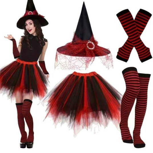 Halloween Gotisk Heksekostyme til Dame med Hatt, Skjørt, Strømper og Ermebeskyttere 4 Deler