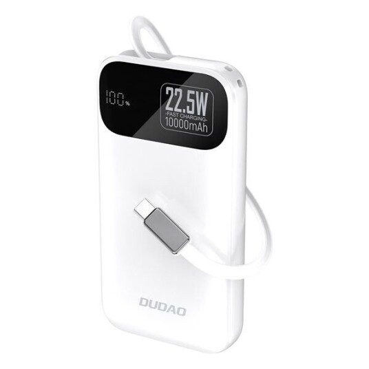 Dudao K31 10000 mAh Powerbank med innebygd USB-C-kabel, 22,5 W - Hvit