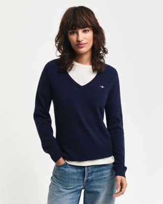 Gant Ekstra fin lammeull genser med V-hals EVENING BLUE L