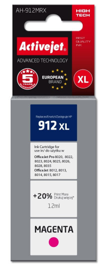 Activejet Tusz Ah-912Mrx (Zamiennik Hp 912Xl 3Yl82ae  Premium  990 Stron  Czerwony) Høyt (Xl) Utbytte Lilla Fargestoffbasert Blekk 12 Ml 1 Stykker Enkeltpakke