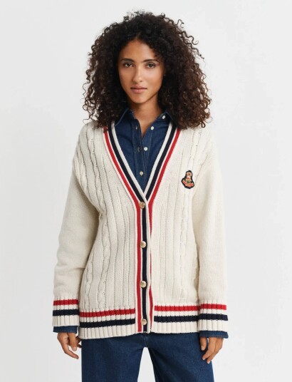 GANT Gant Varsity Cable V Neck Cardigan   Cream   M