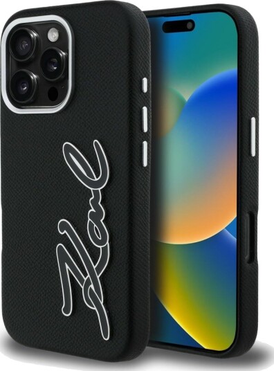 Karl Lagerfeld Mobildeksel med Grained Signature Logo til iPhone 16 Pro - Svart