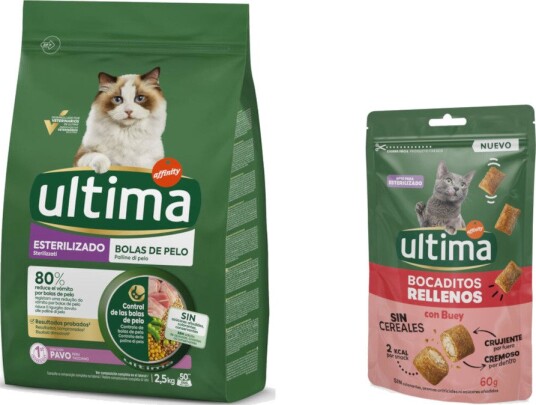 Affinity Ultima tørrfôr Ultima tørrfôr + Snacks godbiter fylte med på kjøpet Sterilised Hairball kalkun okse 2.5 kg 60 g