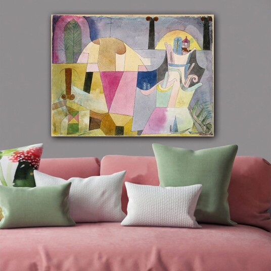 Lerretsbilde 70x100 cm Abstrakt komposisjon med geometriske former og myke farger som skaper en drømmeaktig atmosfære Rosa / Gul / Grønn