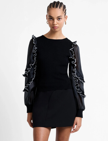 French Connection Krista Mix Ruffle Trim Slv Top - Black - S French Connection Krista Mix Ruffle Trim Slv Top - Black - S