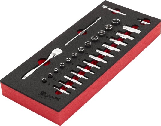Milwaukee 1/4" Skrallesett med 28 deler og Skuminnsats Milwaukee 1/4" Skrallesett med 28 deler og Skuminnsats