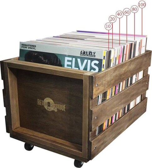 Vinylkasse I Tre Med Hjul For Inntil 100 Lp Teak Retro Musique