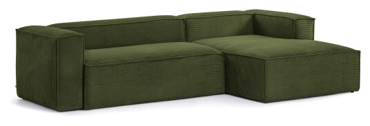 Kave Home Blok 3-pers. Sofa m. høyrevendt chaiselong, B300, grønn Fløyel 1707278-01-0 1675388-01-0