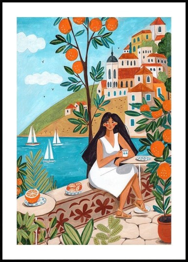 Travel poster woman in Mediterranean coast Plakat / 50x70cm