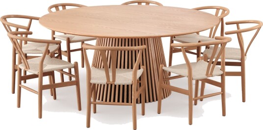 Peyra spisegruppe rundt 180 cm eik med 8 Dastoori spisestoler Eik