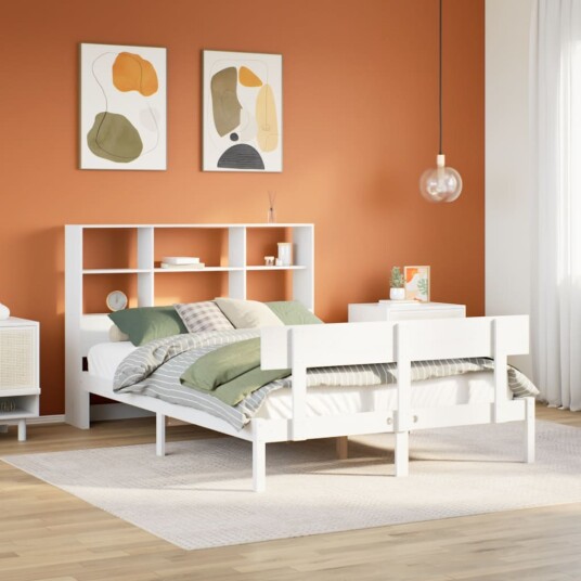  Seng med bokhylle uten madrass hvit 160x200 cm heltre furu 8721158606006