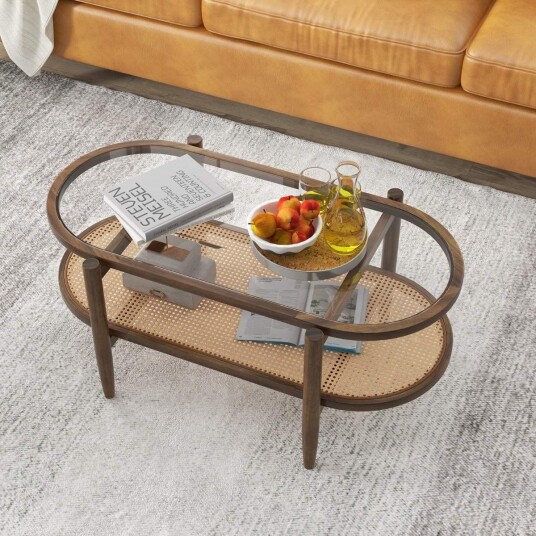 Sofabord sidebord med glassbordplate og rottinghylle 102 x 56 x 47 cm brun