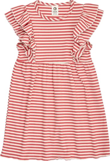 Müsli Kjole - Rib - Stripe Ruffle - Mineralrød/Tofu - Müsli - 3 år (98) - Kjole Hvit