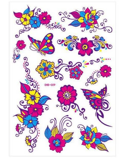 Ark med Forskjellige Fluorescerende Blomster og Sommerfugl Tatoveringer UV Fake Tattoo