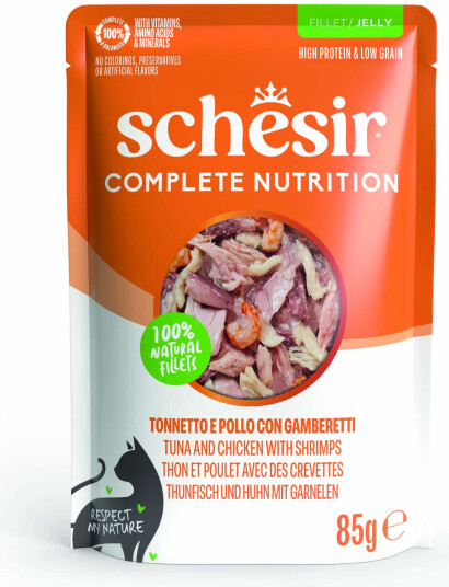 Schesir Våtfôr Complete Nutrition Filet I Gelé Tunfisk Og Med Reker Kylling 6 X 85 G