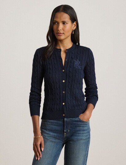 Lauren Ralph Lauren Cable Knit Cotton Blend Cardigan Navy S